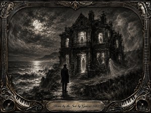 A lone figure faces a haunted seaside manor beneath a luminous moon, surrounded by crashing waves, mist, and ghostly forms drifting through windows and clouds. Deep charcoal blacks and silvery grays create an eerie, melancholic mood, while dramatic lighting, textured shading, and an ornate musical frame intensify the gothic atmosphere.