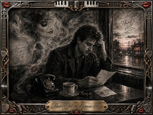A solitary man sits in a rain-darkened cafe, reading a letter beside a rotary telephone and coffee cup as a womans smoky memory drifts behind him. Deep charcoal textures, muted crimson lips, soft window light, and wet city reflections create wistful resignation. An ornate musical frame and engraved title plate complete the nostalgic composition.