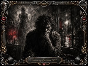 A solitary, shadowed man sits hunched beside a rain-streaked city window as a ghostly female presence emerges behind him. Deep feathered charcoal textures, smoky blacks, silver-gray highlights, and restrained crimson accents create a tense, haunted mood. An ornate chrome-and-gold musical frame surrounds the scene, crowned by an engraved title plate.