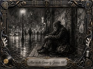 A weary man sits alone against a rain-darkened city wall, overlooked by blurred pedestrians beneath a glowing streetlamp. Deep feathered charcoal textures create a somber, compassionate mood, with silver-gray reflections on wet pavement. An ornate metallic music-themed frame surrounds the scene, finished with gold accents and an engraved Genesis title plate.