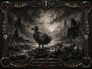 A solitary dodo stands in a bleak marsh beneath turbulent charcoal skies, surrounded by driftwood, rocks, and shadowy lurking figures. Stark grayscale textures and pale horizon light create an ominous, surreal mood. An ornate music-themed metal frame, accented with gold, red lips, cables, speakers, and engraved title plate, completes the composition.
