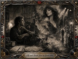 A solitary man sits beside a rain-streaked window as an ethereal woman emerges from smoky charcoal shadows, blending memory with a nocturnal city street. Deep blacks, silvery grays, and warm sepia tones create a melancholy, dreamlike mood, framed by ornate musical metalwork, piano keys, vinyl records, cables, and red lips.