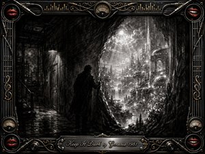 A lone shadowed figure stands in a rain-darkened urban interior, pulling back a torn veil to reveal a radiant futuristic city of waterfalls, domes, and towering spires. Deep charcoal textures and silvery light create mystery and wonder, while an ornate black, chrome, and gold musical frame adds red lips, cables, meters, and elegant industrial detail.