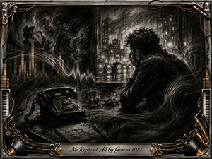 A solitary man waits beside a silent vintage telephone in a rain-darkened city interior, surrounded by drifting smoke, faint musicians, and flowing sound-wave patterns. Deep feathered charcoal textures create a brooding, reflective mood, while chrome and gold musical ornaments frame the scene, finished with an engraved Genesis title plate.