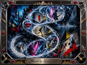 A surreal digital painting swirls through a dark neon cityscape, where feathered bubbles form a sweeping S-curve around musicians, moving figures, red lips, sound waves, and geometric fragments. Electric blue, magenta, yellow, and red glow against black, framed by chrome, gold details, vinyl records, speakers, strings, and an engraved title plate.