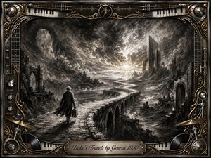 A solitary traveler crosses a winding stone causeway through a vast charcoal dreamscape of ruined arches, jagged towers, misty valleys, and turbulent skies. Radiant light breaks across the distant horizon, creating a mysterious, determined mood. Deep blacks, silvery grays, and restrained gold accents complement the ornate music-themed metallic frame.