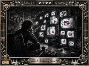 A solitary figure sits transfixed before a towering wall of glowing vintage televisions, each flashing glamorous faces and vivid red lips. Deep feathered charcoal textures create a smoky, intimate mood, while cool screen light cuts through the darkness. An ornate chrome-and-gold musical frame surrounds the dramatic, surreal composition.