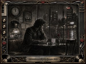 A solitary man sits in a dim late-night cafe, staring toward a rain-streaked window and an empty chair, surrounded by unanswered signs of expectation. Deep feathered charcoal textures, smoky shadows, muted silver highlights, and restrained red accents create melancholy tension. An ornate music-themed metallic frame reinforces the nostalgic 1980 atmosphere.