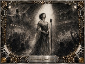 A poised female singer stands beneath a luminous spotlight on a grand, shadowy stage, surrounded by ghostly memories of cheering crowds and past performances. Deep charcoal textures create a wistful, nostalgic mood, while silver, gold, piano keys, microphones, roses, and vinyl details form an ornate musical frame around the dramatic composition.