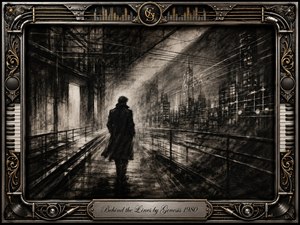 A solitary figure walks through a shadowed industrial corridor toward a hazy city, surrounded by rails, cables, beams, and musical lines. Deep charcoal blacks, smoky grays, and erased highlights create a tense, mysterious atmosphere. An ornate chrome-and-gold musical frame, piano keys, strings, speakers, and engraved title plate complete the dramatic composition.