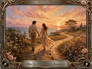 A romantic couple walks hand in hand along a winding coastal path at sunset, surrounded by wildflowers and glowing sea light. Warm gold, peach, rose, and lavender tones create a tender, nostalgic mood. Painterly oil textures, musical clouds, roses, guitar motifs, and an ornate metallic frame enrich the composition.