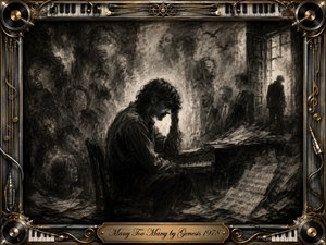 A solitary pianist sits bowed in a shadowy room, surrounded by ghostlike faces and fading figures that evoke memory, regret, and emotional overload. Deep charcoal blacks, smoky grays, and dramatic window light create a melancholy atmosphere. An ornate chrome-and-gold musical frame, piano keys, records, cables, and engraved title plate complete the composition.