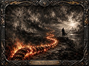 A solitary figure stands beside a blazing rope winding across a desolate, storm-darkened landscape toward a distant burst of light. Deep charcoal textures, smoky clouds, glowing orange embers, and a ghostly clock create an urgent, reflective mood. An ornate black-metal frame with gold musical details completes the dramatic composition.