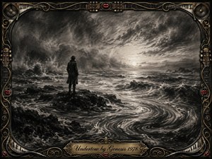A solitary figure stands on dark coastal rocks facing a turbulent, swirling sea beneath storm-laden skies. Deep charcoal textures, smoky grays, and pale horizon light create a solemn, introspective mood. An ornate music-themed frame of gold filigree, strings, piano keys, speakers, and red lips surrounds the dramatic composition.