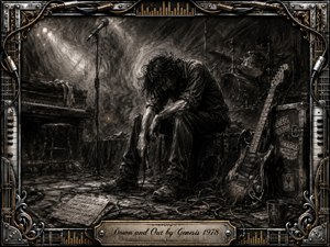 A weary musician slumps backstage beneath dim spotlights, surrounded by tangled cables, a battered guitar, piano, drums, and road cases. Deep charcoal textures and smoky feathered shading create a bleak, exhausted mood, while dramatic monochrome lighting emphasizes isolation. An ornate chrome-and-gold musical frame and engraved title plate complete the composition.