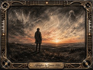 A solitary figure stands beneath a glowing sunset, surrounded by smoky charcoal textures and ghostly musical memories drifting through the sky. Warm amber and orange light contrasts with deep blacks and grays, creating a wistful, reflective mood. An ornate chrome-and-gold music-themed frame and engraved title plate complete the composition.