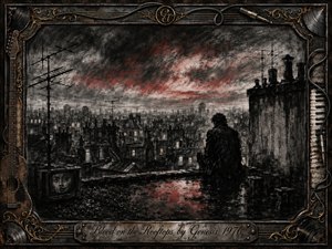 A solitary figure sits on a rain-dark rooftop overlooking a dense city of chimneys, antennas, and glowing windows beneath a turbulent red-streaked sky. Deep charcoal textures, smoky grays, black shadows, and muted crimson reflections create a brooding, reflective mood, framed by ornate musical metalwork with guitar, keyboard, cable, and gold details.