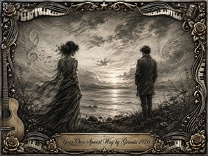 A windswept woman and solitary man stand apart beside a glowing shoreline at dusk, united by quiet longing. Deep feathered charcoal creates soft clouds, rippling water, and drifting musical motifs in muted sepia tones. An ornate chrome-and-gold musical frame, decorated with roses, piano keys, strings, and a vintage microphone, surrounds the scene.