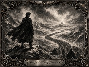 A solitary cloaked figure overlooks a vast snowy mountain valley where a winding procession advances toward a luminous distant city. Deep charcoal textures, stormy grays, and dramatic light create a solemn, prophetic mood. An ornate metallic frame of musical motifs, scrollwork, piano keys, records, and engraved titlework completes the composition.