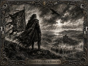 A solitary Highland noble stands on a windswept ridge overlooking misty armies, ruined fortifications, and distant mountains beneath a turbulent sky. Deep charcoal blacks and smoky grays create a brooding, historical mood, pierced by pale horizon light. Ornate metallic musical motifs frame the scene, with ravens overhead and an engraved title plate below.