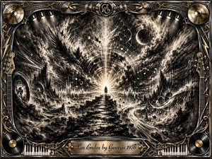A lone silhouetted figure stands on a fractured stone path leading toward a radiant cosmic portal amid stormy charcoal clouds, swirling sound waves, and celestial forms. Deep blacks, smoky grays, and brilliant white light create a dramatic, triumphant mood, framed by ornate chrome, gold, musical instruments, records, and piano-key details.
