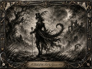 A mysterious trickster in a feathered top hat stands beneath a smoky crescent moon, surrounded by twisted trees, ruins, mist, and windswept grasses. Deep charcoal textures create a gothic, dreamlike mood, while an ornate metallic frame of musical motifs and gold accents encloses the scene, finished with an engraved title plate.