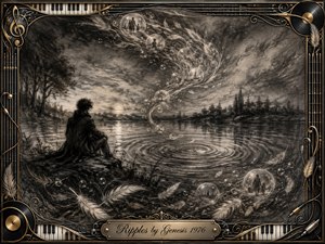 A solitary figure sits beside a moonlit lake as widening ripples disturb the still water. Feathered bubbles curve through the smoky sky, carrying dreamlike memories of figures, trees, and boats. Deep charcoal textures, silver-gray highlights, and soft dusk lighting create a wistful mood, enclosed by an ornate gold-and-black musical frame.