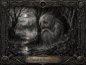 A sorrowful, mythical creature crouches beside a moonlit forest marsh, its tear-streaked face emerging from deep charcoal shadows. Twisted trees, mist, reflective water, and dripping plants create a haunting, lonely atmosphere. Ornate black metal framing, gold inlay, guitar strings, speaker motifs, and an engraved title plate complete the gothic composition.