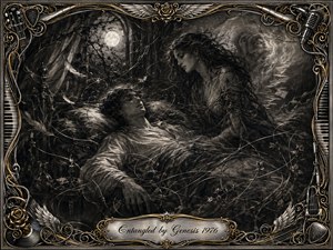 A reclining man drifts between sleep and waking as an ethereal woman leans over him in a moonlit, dreamlike chamber. Deep feathered charcoal textures, tangled strings, vines, mist, and floating feathers create a mysterious, hypnotic mood. Ornate chrome-and-gold musical framing surrounds the monochrome scene, with a polished engraved title plate below.