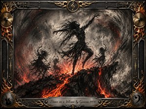 A fierce charcoal dancer leaps above glowing volcanic rock as shadowy figures move through swirling ash and smoke. Fiery reds and molten oranges pierce deep blacks and smoky grays, creating dramatic backlighting. An ornate chrome-and-gold rock-music frame surrounds the turbulent scene, with strings, cymbals, flames, and an engraved title plate.