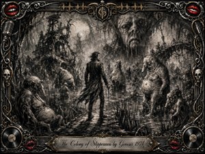 A lone traveler stands amid a grotesque swamp colony of bulbous, distorted creatures, surrounded by tangled reeds, dripping ruins, and looming spectral faces. Deep feathered charcoal textures, smoky grays, and stark highlights create a nightmarish theatrical mood, framed by ornate chrome, gold filigree, red lips, skulls, records, and musical hardware.