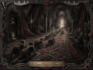 A haunting charcoal vision unfolds inside a vast gothic hall, where shadowed figures crawl along an ornate crimson carpet toward a distant glowing doorway. Deep blacks, smoky grays, and restrained red accents create a ritualistic, dreamlike mood. An elaborate music-themed metallic frame, red lips, piano keys, cables, and engraved title plate complete the composition.
