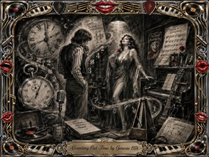 A nervous young man faces a confident, rose-holding woman in a shadowy 1970s music room filled with clocks, numbers, sheet music, piano, guitar, microphone, and metronome. Deep feathered charcoal textures create a smoky, theatrical mood, while red accents, warm spotlighting, chrome, gold, musical ornaments, and expressive lips enrich the ornate frame.