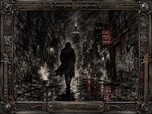 A lone figure strides through a rain-slicked New York street beneath towering buildings, fire escapes, graffiti, steam, and glowing neon signs. Deep feathered charcoal textures create a brooding, rebellious mood, while muted crimson reflections punctuate the monochrome scene. An ornate chrome-and-gold musical frame surrounds the dramatic urban composition.