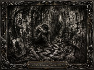 A solitary figure curls inside a warped charcoal cage, surrounded by fractured walls, ghostly faces, spiraling floors, and a distant stairway toward pale light. Deep blacks, smoky grays, and sharp highlights create a claustrophobic, haunted mood. An ornate metal frame of chains, wires, speakers, and gold accents completes the surreal composition.