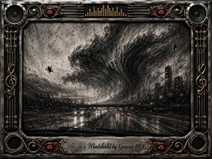 A rain-streaked windshield frames a tiny fly against a vast, storm-darkened highway, where blurred headlights shimmer across wet pavement beneath a swirling charcoal sky. Deep blacks, smoky grays, and faint red reflections create an ominous mood. An ornate chrome-and-gold musical frame, red lips, speakers, strings, and engraved title plate complete the dramatic composition.