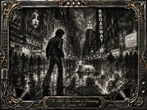 A lone young man faces a mysterious lamb on a rain-soaked Broadway at night, surrounded by shadowy crowds, towering marquees, and ghostly faces rising from steam. Deep feathered charcoal textures, stark monochrome lighting, wet reflections, and smoky haze create a surreal, ominous mood, framed by ornate musical metalwork and engraved title plate.