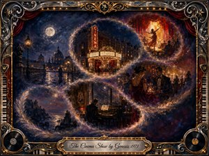 A dreamlike cinematic collage unfolds through glowing, feather-edged scenes of a moonlit city, vintage theater, elegant couple, pianist, and radiant stage performance. Deep blues, crimson, gold, and amber create a romantic, mysterious mood. Ornate chrome-and-gold musical framing, vinyl records, piano keys, and marquee lights complete the richly detailed digital painting.