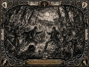 A chaotic charcoal battle unfolds beneath moonlit trees in Epping Forest, where rival groups confront one another amid swirling leaves, smoke, and twisted branches. Deep blacks, smoky grays, and sepia highlights create theatrical tension. An ornate metallic frame of piano keys, strings, records, cables, and gold filigree surrounds the dramatic scene.
