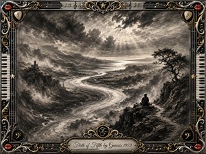 A sweeping charcoal landscape follows a luminous S-curving river through rugged cliffs toward a distant sea beneath turbulent, radiant clouds. A solitary figure overlooks the valley beside a windswept tree, creating a contemplative, majestic mood. Ornate chrome-and-gold musical framing, piano keys, notes, red lips, and an engraved title plate complete the composition.