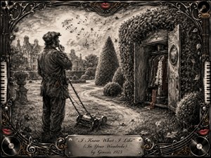 A solitary gardener pauses beside an old reel mower in a manicured English estate, staring toward an open wardrobe hidden within dense hedges. Deep feathered charcoal creates a dreamy, contemplative mood, softened by cloudy light and winding paths. Subtle red accents, floating musical notes, and an ornate instrument-inspired frame add surreal theatrical detail.