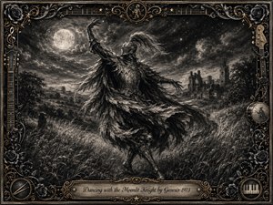 A moonlit knight dances through windswept meadow grass beneath a glowing full moon, his feathered cloak swirling dramatically against distant gothic ruins. Deep charcoal textures, smoky blacks, and silver highlights create a mysterious, theatrical mood. An ornate gold-and-black musical frame surrounds the scene, with roses, strings, instruments, and an engraved title plate.