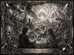 A contemplative couple shares supper in a lush garden as a vast charcoal dream unfolds beyond them, shifting from twisted trees and ominous creatures toward radiant celestial architecture and trumpeting angels. Deep blacks, smoky grays, and glowing highlights create dramatic contrast, while an ornate music-inspired metallic frame completes the mystical, apocalyptic composition.