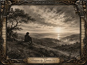 A solitary figure rests beneath a windswept tree, overlooking misty hills and shimmering water beneath a glowing horizon. Rendered in richly feathered charcoal and warm sepia tones, the scene feels peaceful, reflective, and timeless. An ornate guitar-inspired frame with gold filigree, strings, sheet music, and engraved title plate completes the composition.