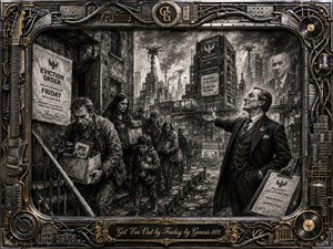A deep charcoal dystopia shows weary tenants carrying belongings from crumbling housing while a smug corporate landlord gestures toward their eviction. Towering industrial buildings, surveillance imagery, and bleak streets intensify the oppressive mood. Dramatic monochrome shading and smoky light contrast with an ornate chrome-and-gold musical frame filled with cables, records, and instruments.