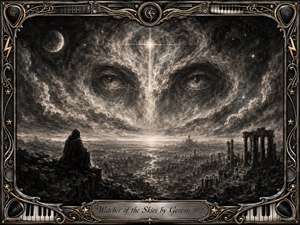 A solitary hooded figure overlooks ruined ancient landscapes beneath a vast cosmic sky, where enormous watchful eyes emerge from swirling charcoal clouds. Dramatic monochrome textures, glowing stars, and a descending beam of light create an eerie, majestic mood. An ornate black, chrome, and gold musical frame surrounds the apocalyptic scene.