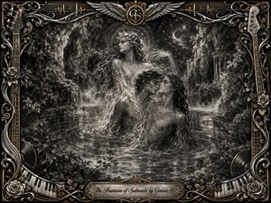 A mystical charcoal scene shows two figures merging within an enchanted fountain as an ethereal nymph rises behind them. Moonlit ruins, dense foliage, rippling water, and drifting mist create a haunting dreamlike atmosphere. Silvery grayscale textures contrast with ornate gold-and-chrome musical framing, roses, wings, piano keys, strings, and an engraved title plate.
