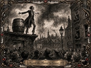 A gaunt, theatrical figure stands beside a barrel on a rooftop above a crowded, shadowy British street, creating a tense yet darkly comic spectacle. Deep charcoal textures, smoky skies, stark highlights, and expressive faces give the scene vintage drama. An ornate musical frame with gold filigree, piano keys, strings, and red lips surrounds the artwork.