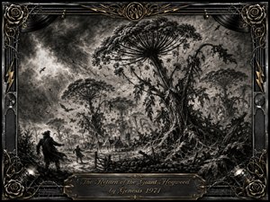 Towering giant hogweed plants engulf a storm-darkened countryside, dwarfing fleeing figures, fences, and distant cottages. Deep charcoal textures, smoky shadows, and pale lightning create an ominous apocalyptic mood. An ornate black, chrome, and gold rock-inspired frame surrounds the scene, with roses, speakers, wires, lightning motifs, and an engraved title plate.