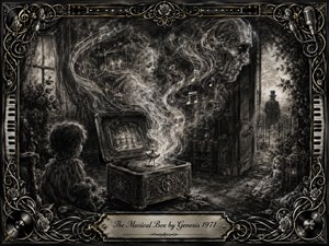 A haunting charcoal fantasy centers on an ornate antique musical box in a shadowy Victorian room, releasing swirling musical notes and ghostly figures into smoky air. Children, roses, a distant top-hatted silhouette, and theatrical details deepen the melancholy mystery. Dramatic grayscale lighting and an elaborate musical frame create an elegant, surreal atmosphere.